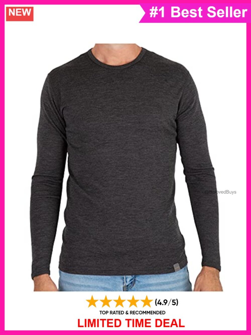 Mens 100% Merino Wool Base Layer Thermal Crewneck Top Fitted